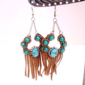 Vintage Western Inspired Brown Suede and Faux Turquoise Drop Earrings